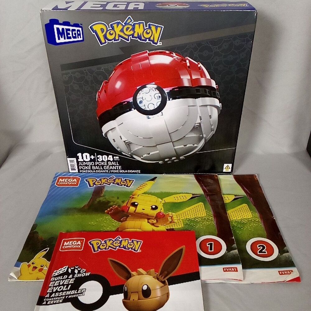 Mega Construx Pokemon Jumbo Pokeball + Instructions Pikachu Eevee New Build Set